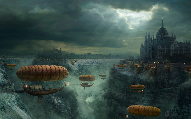 Airships over a stormy city