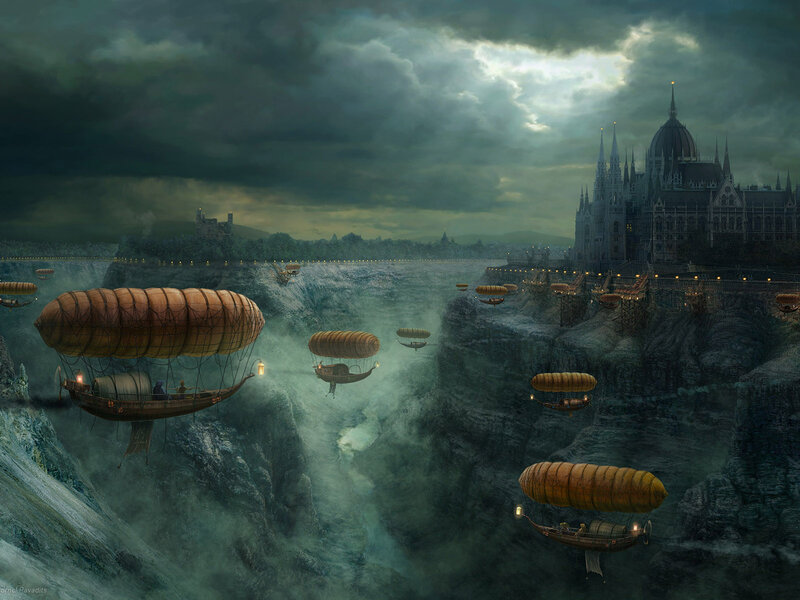 Airships over Canyon — Gray, Dramatic, Night, Digital Art, Castle, Clouds