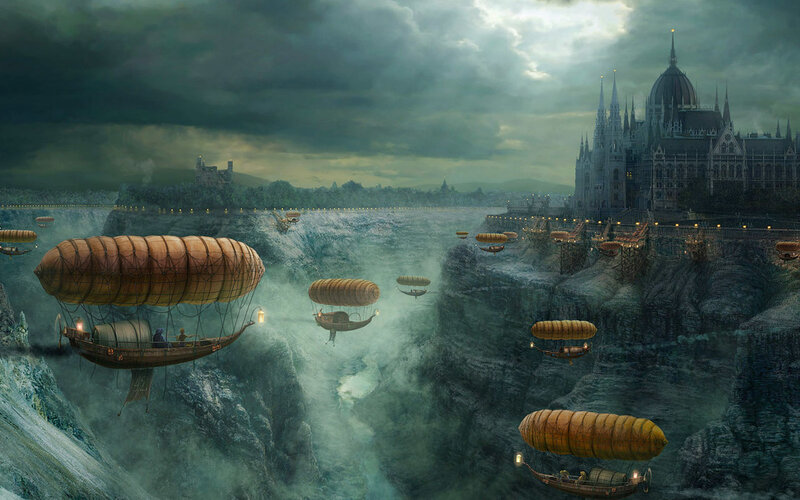 Airships over Canyon — Gray, Dramatic, Night, Digital Art, Castle