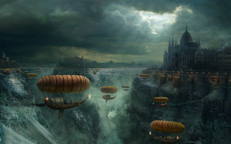 Airships over Canyon — Gray, Dramatic, Night, Digital Art, City