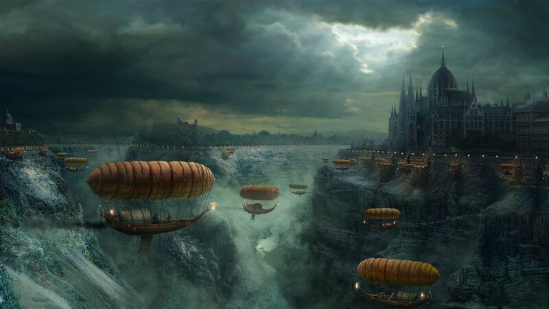 Airships over Canyon — Gray, Dramatic, Night, Digital Art