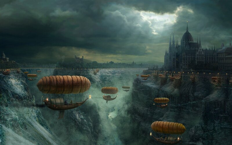 Airships over Canyon — Gray, Dramatic, Night