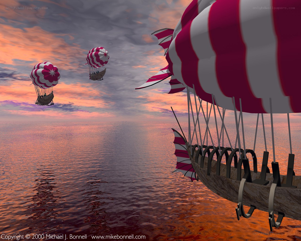Airships over the ocean at sunset