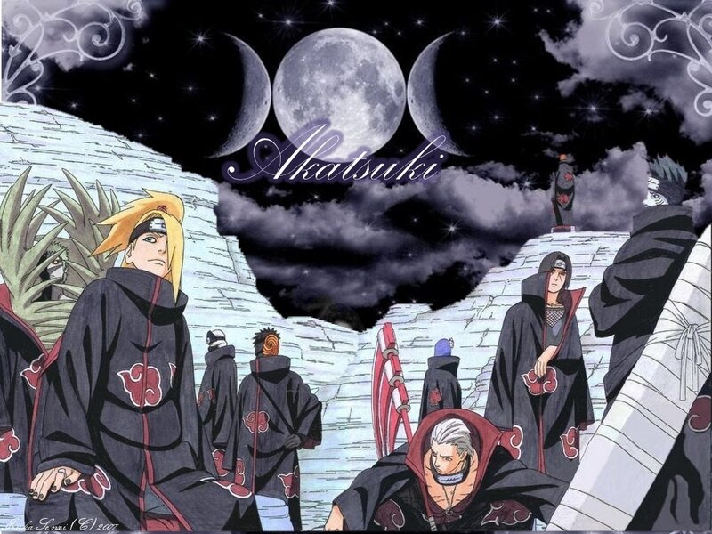 Akatsuki Members — Black, Dramatic, Night, Anime, Moon, Clouds, Rocks
