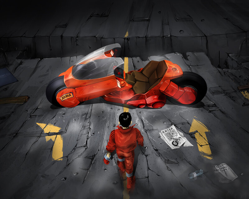 Akira motorcycle in a ruined city