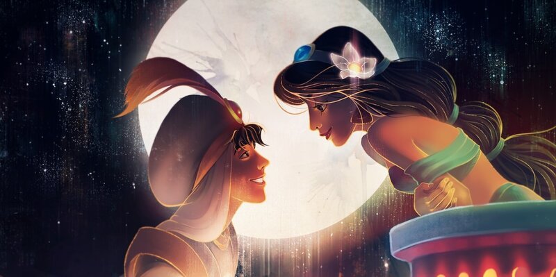 Aladdin and Jasmine — Blue, Romantic, Night, Digital Art, Moon