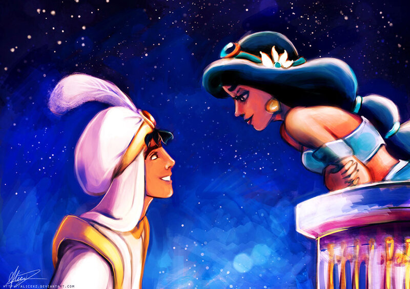 Aladdin and Jasmine — Blue, Romantic, Night, Digital Art