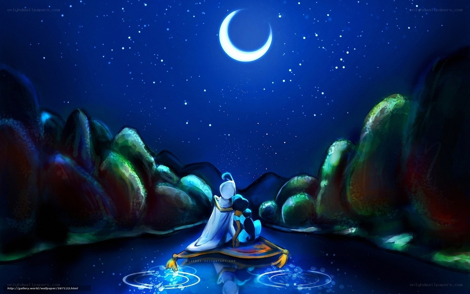 Aladdin and Jasmine under the moon
