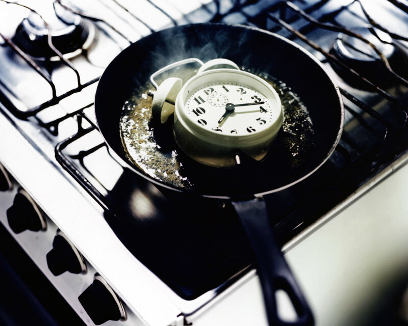 alarm clock in frying pan