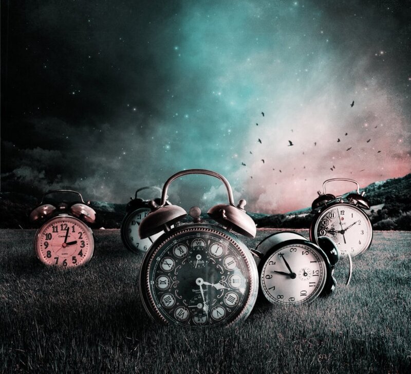 Alarm clocks in a surreal landscape