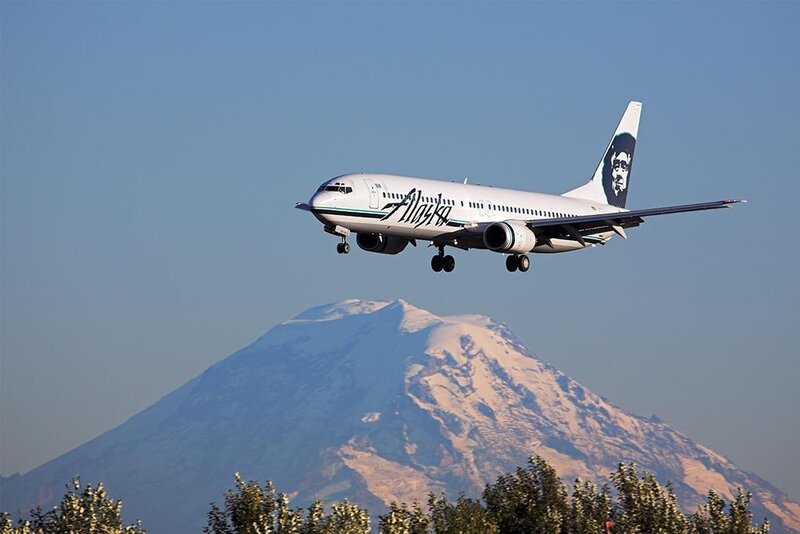 Alaska Airlines plane near mountain