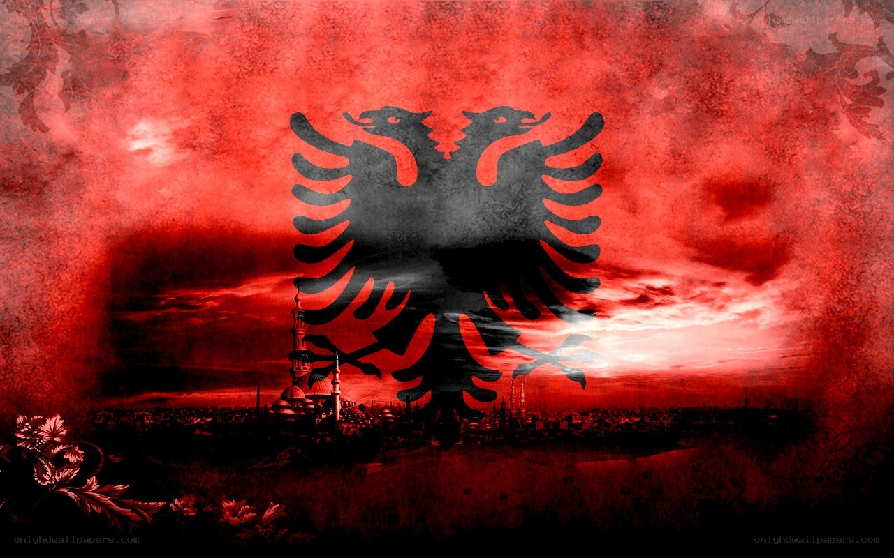 Albanian flag with cityscape
