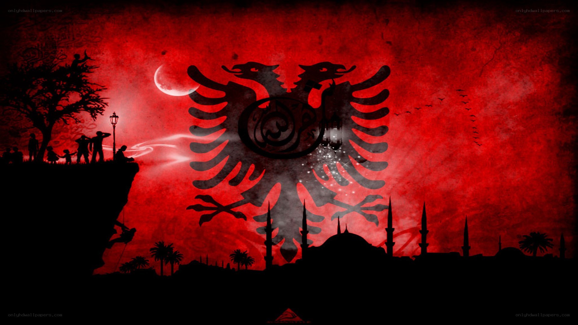 Albanian flag with cityscape