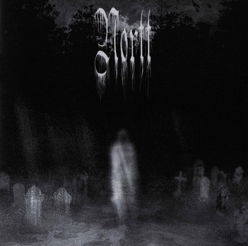 album cover with ghost in cemetery