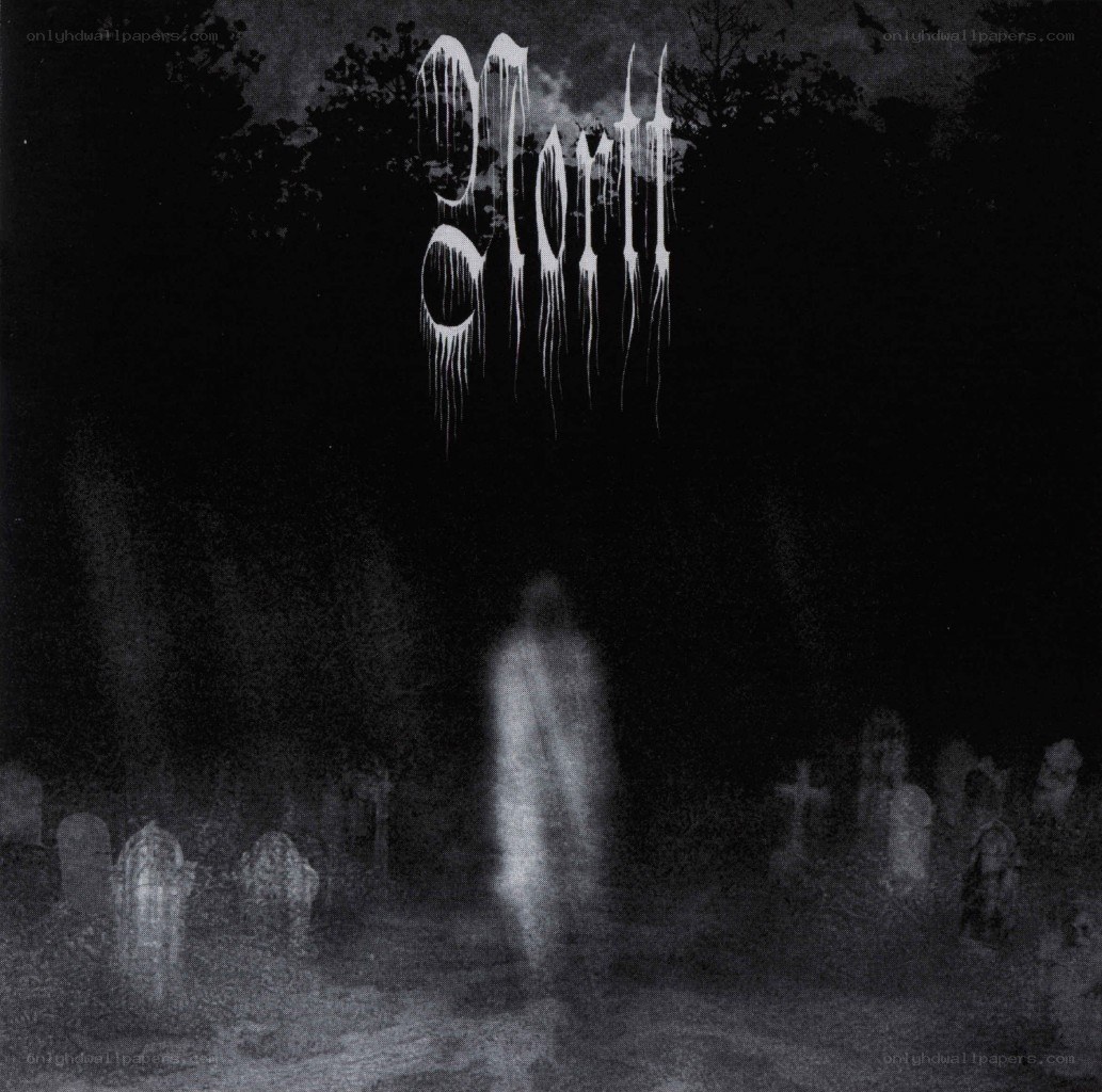 album cover with ghost in cemetery