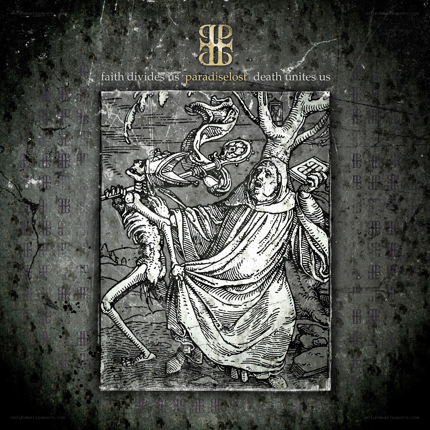 album cover with skeleton and monk