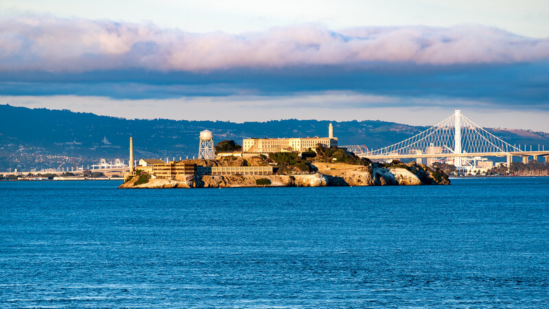 Alcatraz Island Prison — Blue, Serene, Afternoon, Photograph, Bridge