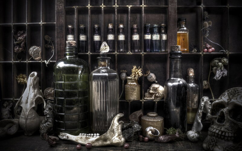 Alchemical Bottles and Skulls