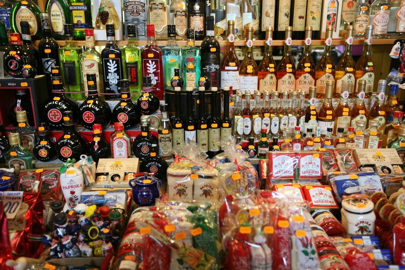 Alcohol and souvenirs at a market