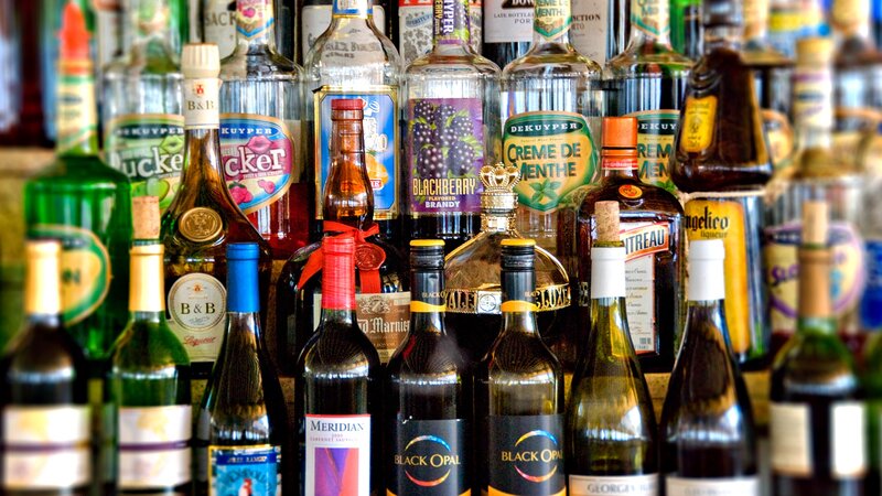 Alcohol Bottles on Shelf — Brown, Neutral