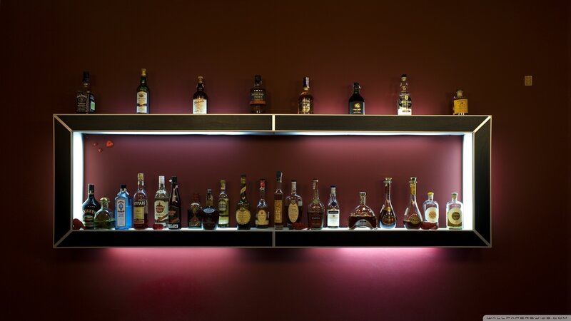Alcohol Bottles on Shelf — Maroon, Dark