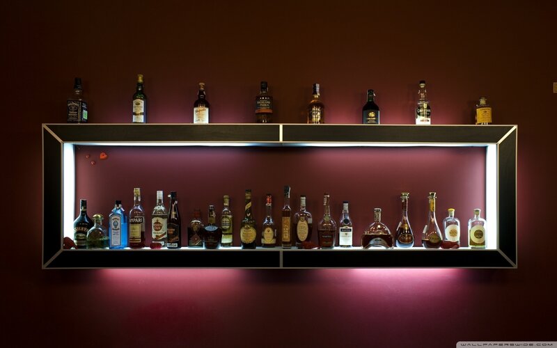 Alcohol Bottles on Shelf — Maroon