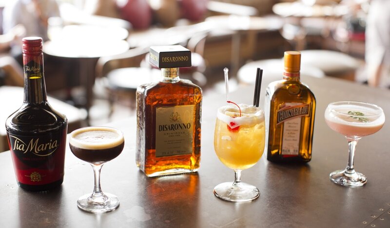 alcoholic drinks and bottles on table