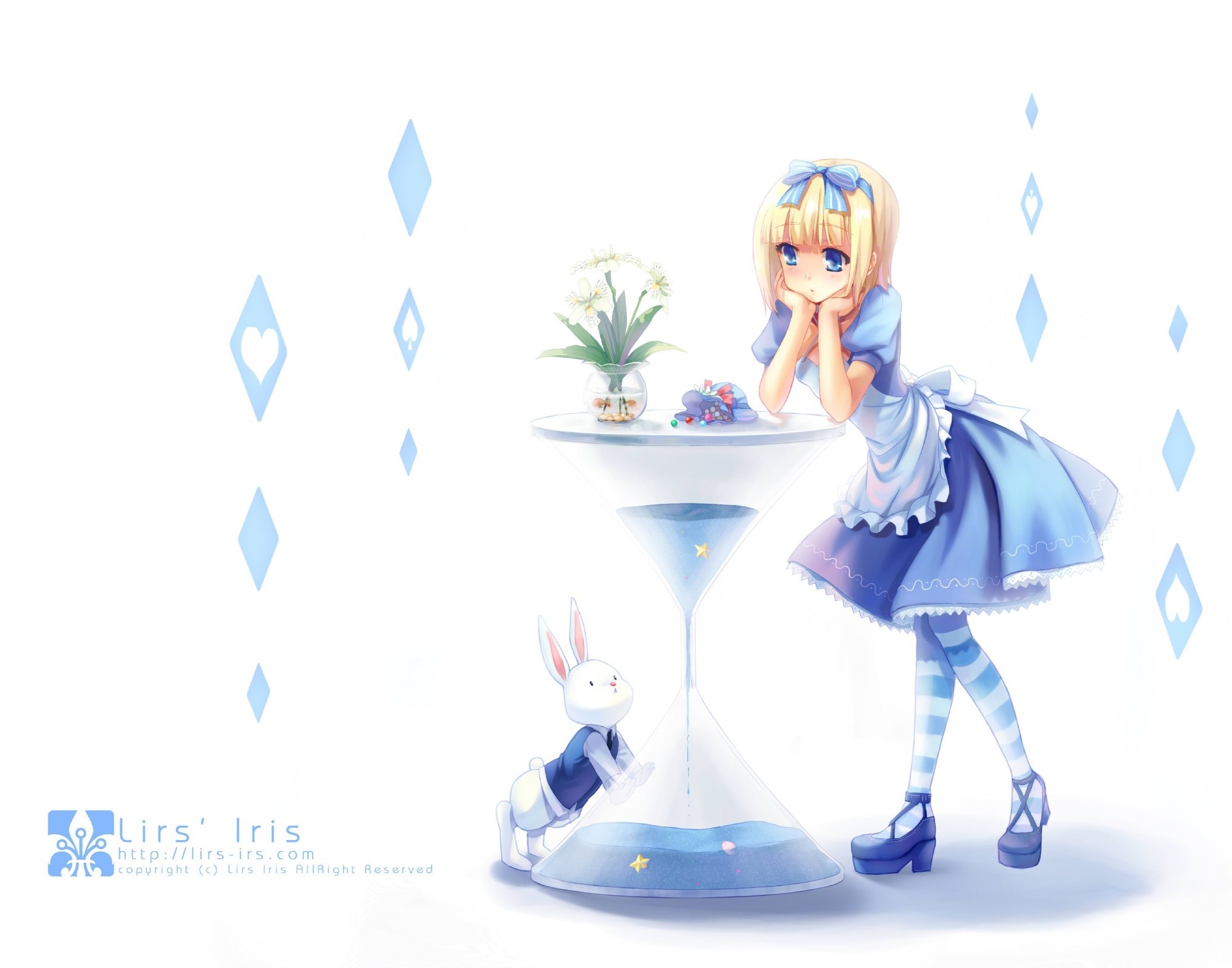 Alice and the rabbit at a table