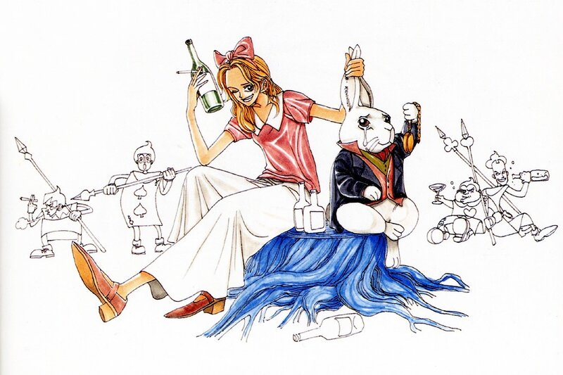 Alice and the White Rabbit in a chaotic scene