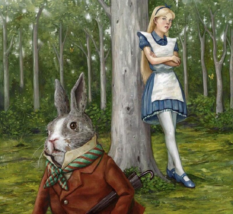 Alice and the White Rabbit in the forest