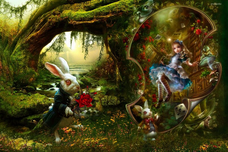 Alice and White Rabbit — Green, Whimsical