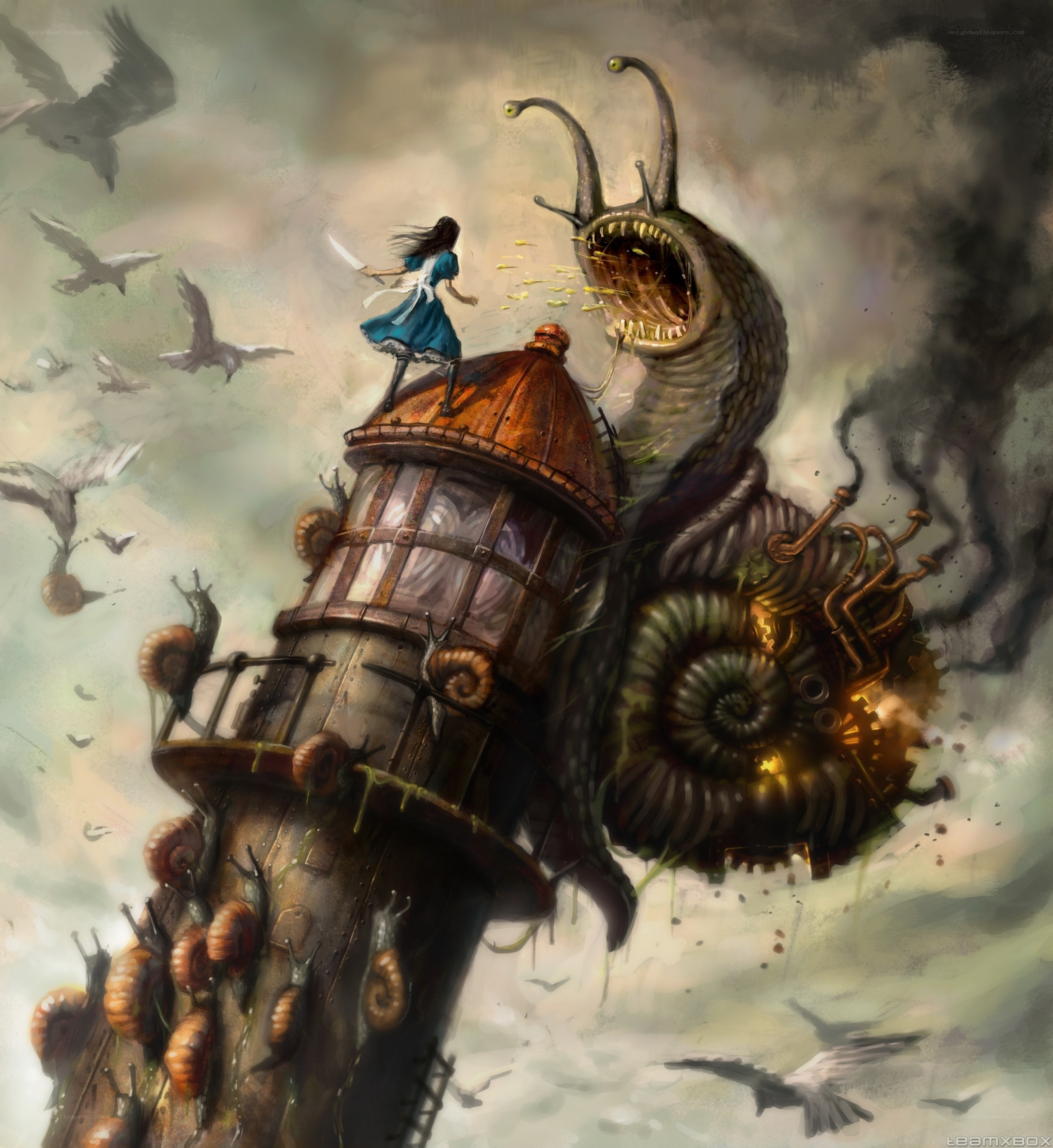 Alice fights a giant snail monster