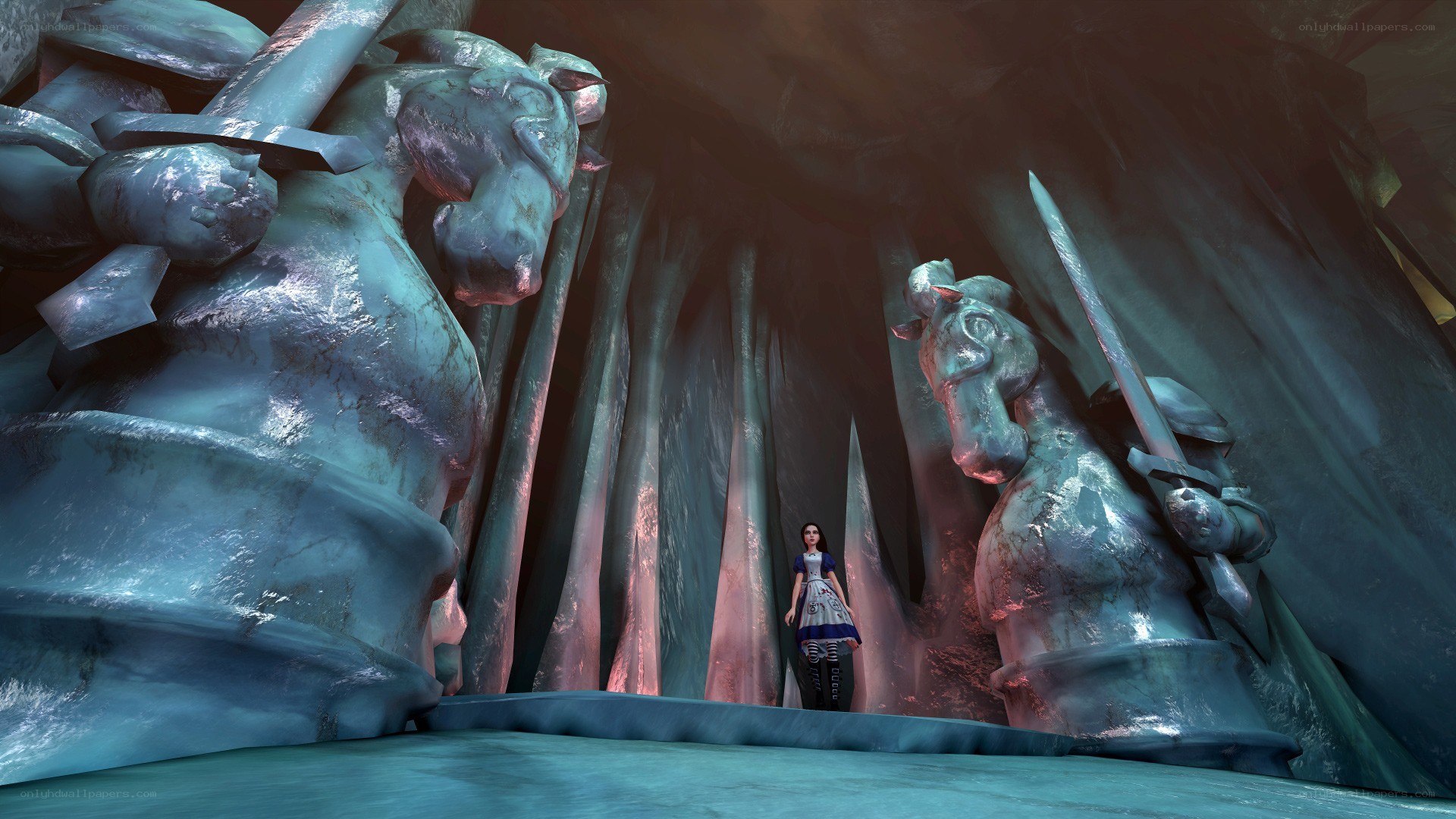 Alice in a chess-themed cave