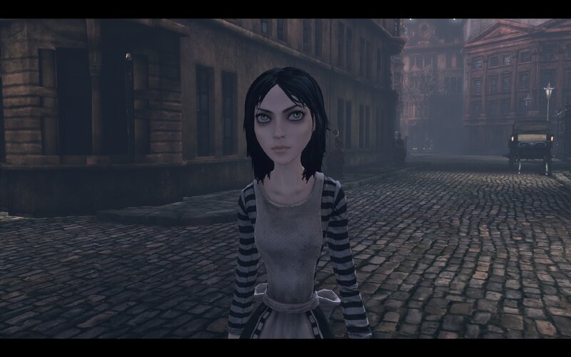 Alice in a cobblestone street