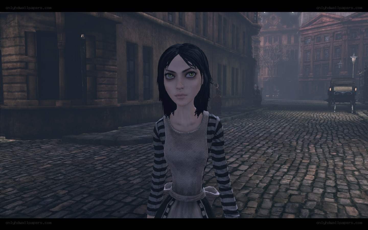 Alice in a cobblestone street