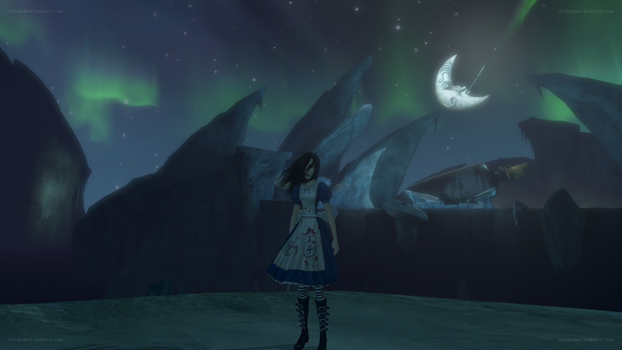 Alice in a dark landscape