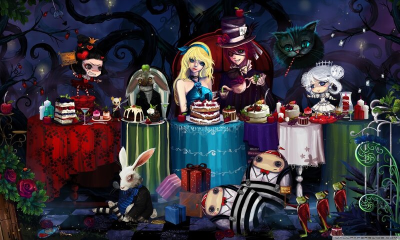 Alice in Wonderland Characters — Blue, Whimsical, Night, Digital Art, Cake