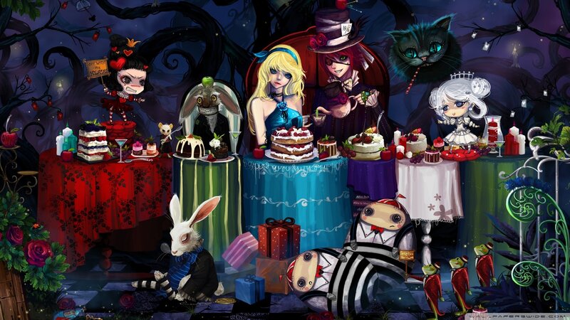 Alice in Wonderland Characters — Blue, Whimsical, Night, Digital Art