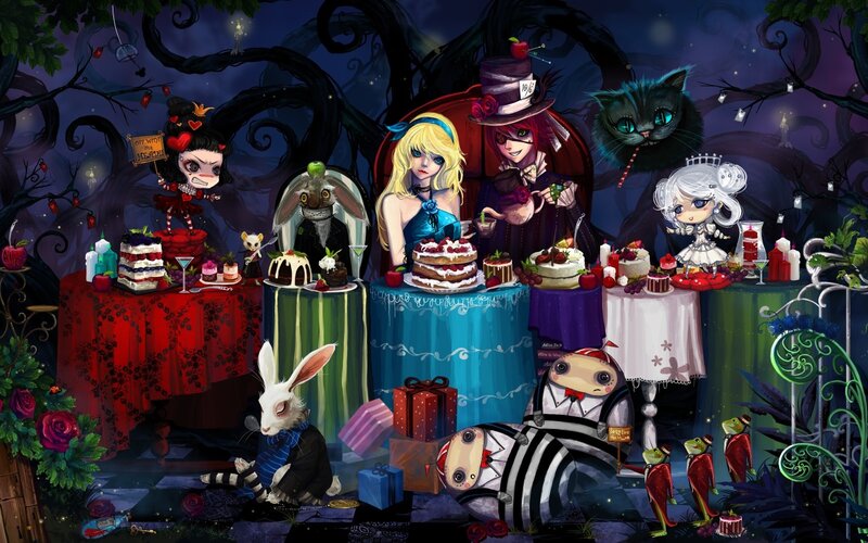 Alice in Wonderland Characters — Purple, Whimsical, Night, Digital Art