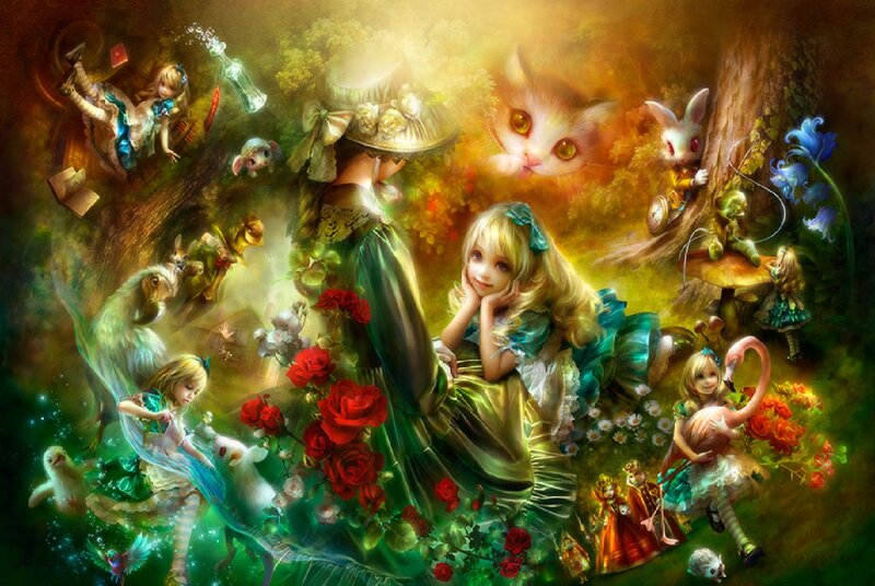 Alice in Wonderland — Green, Whimsical, Digital Art, Cheshire Cat, White Rabbit, Flamingo