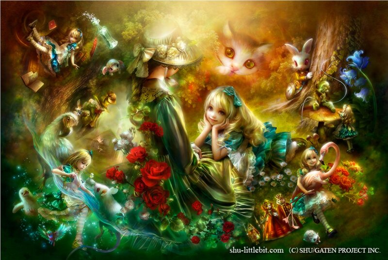 Alice in Wonderland — Green, Whimsical, Digital Art, Cheshire Cat, White Rabbit