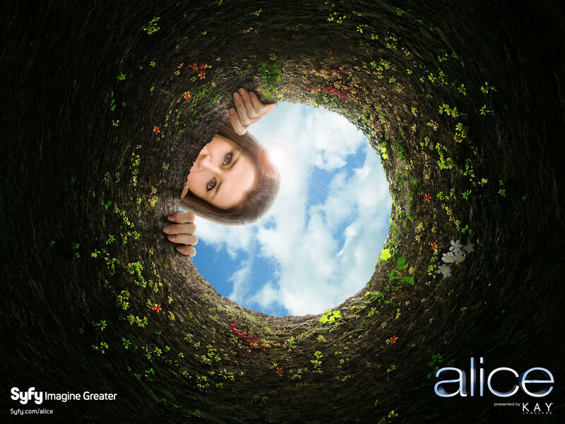 Alice looking up from a well
