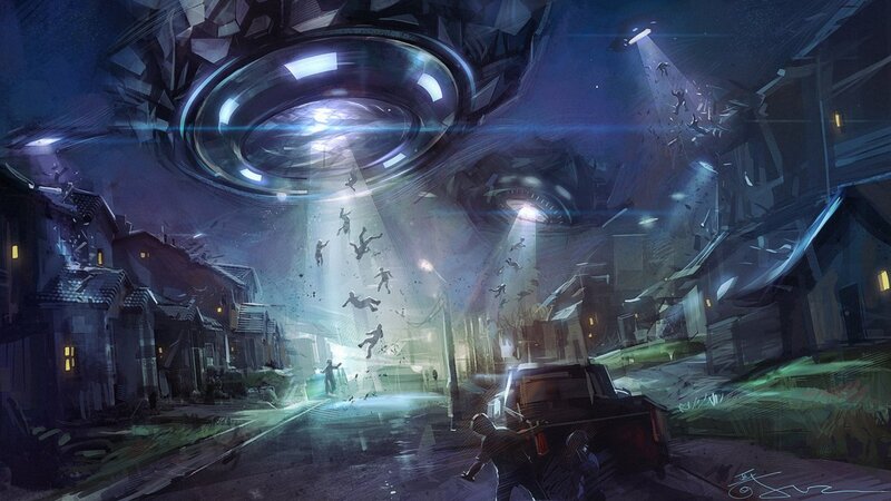 Alien Abduction Scene — Blue, Dramatic, Night, Digital Art
