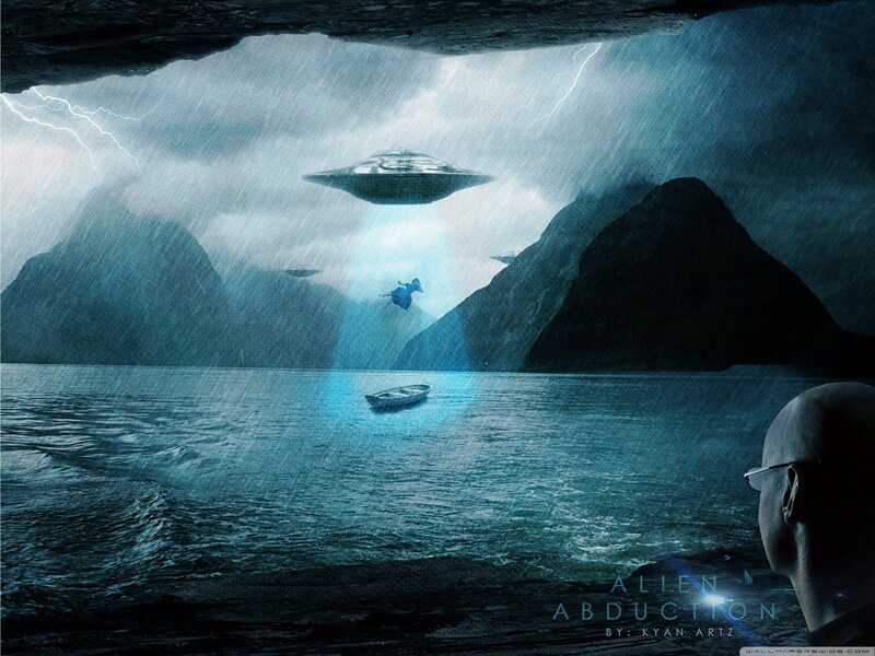 Alien Abduction Scene — Blue, Dramatic, Night, Digital Art, Ufo, Boat