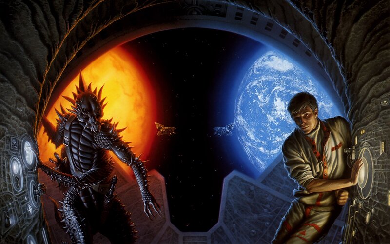 Alien and astronaut in space