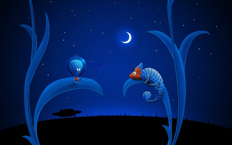 Alien and Chameleon — Blue, Serene, Night