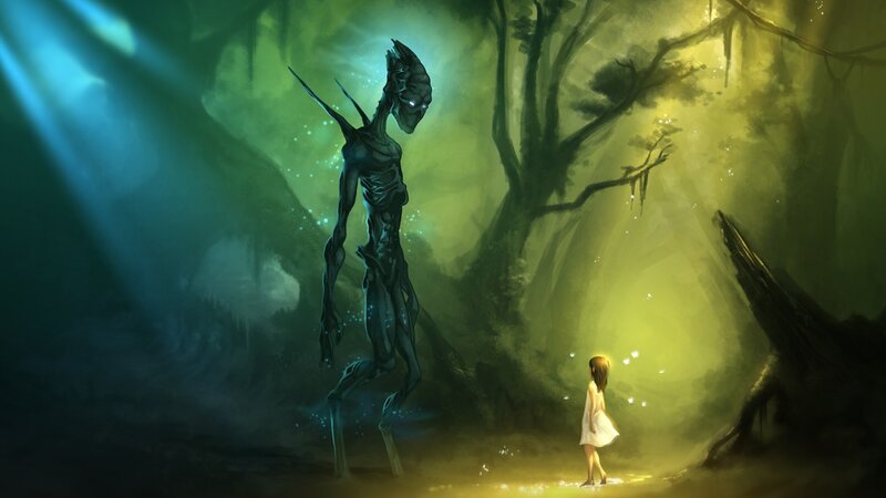 Alien and Girl in Forest — Green