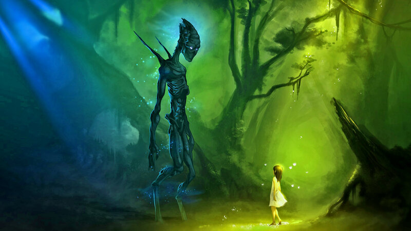 Alien and Girl in Forest