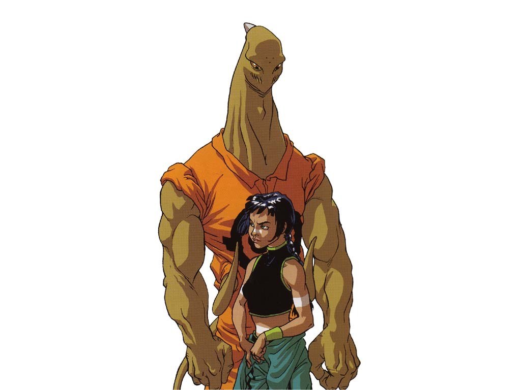 alien and human character illustration