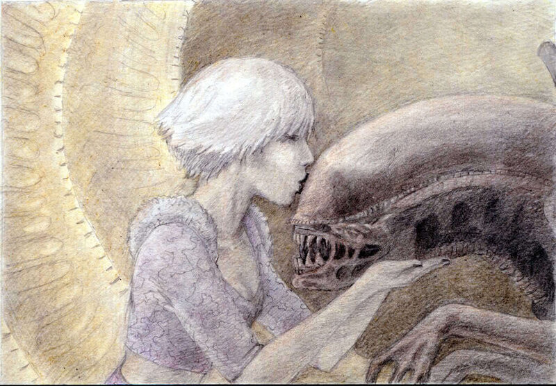 Alien and human embrace